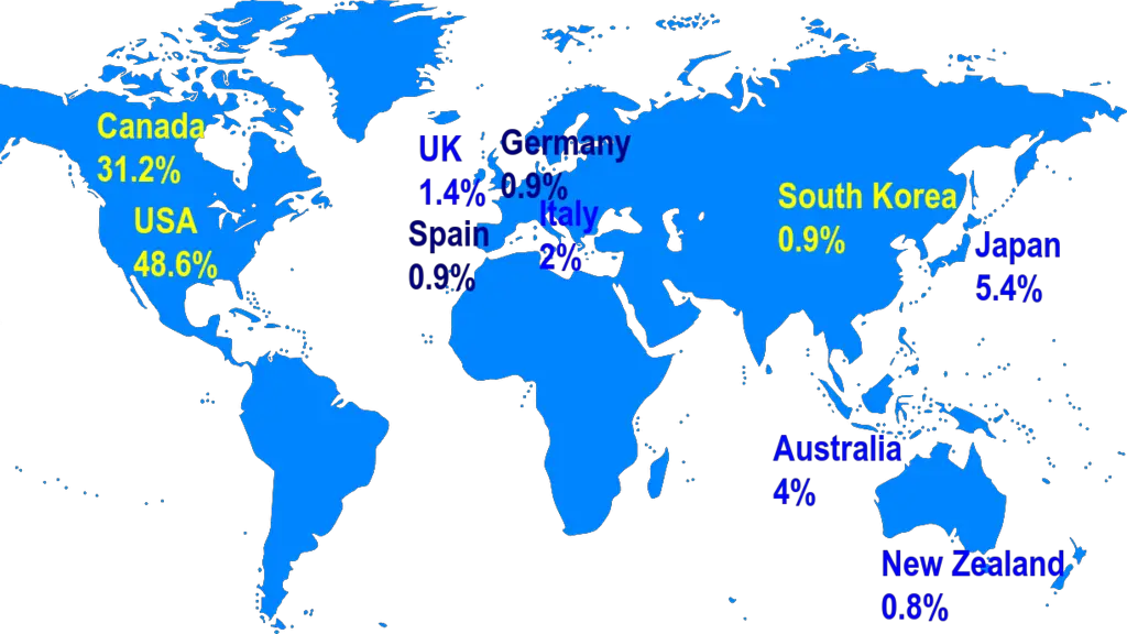 World map showing top 10 countries where registered Filipino emigrants went in 2018